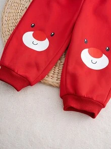 Cozy Pixies 2pcs/Set Baby Boy/Girl Christmas Reindeer Pattern Contrast Color Knit Soft Round Neck Long Sleeve Pullover Sweatshirt And Elastic Waist Ankle Length Pants, Comfortable Versatile Casual Basic Style, Suitable For Indoor, Outdoor, Daily Wear, Sports, Play, Party, Festival, Halloween, Christmas, New Year In Autumn/Winter - Red - View 7