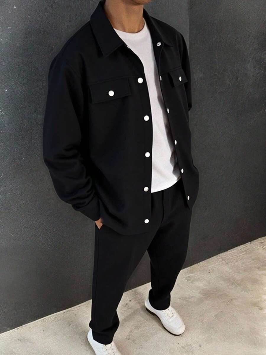 SHEIN Teen Boy Flap Detail Button Up Shirt & Drawstring Waist Pants Fall Winter