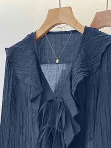 INAWLY French V-Neck Pleated Ruffle Tie Blouse - Navy Blue - View 5