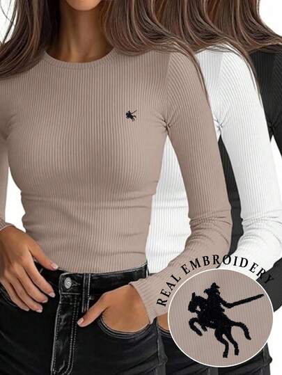 EMERY ROSE 3-pack t-shirts med smal passform och hästdekor, rund halsringning och långärmad design