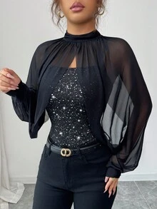 Elenzga Áo thun nữ trơn màu đính sequin cổ đứng, viền lưới tương phản và dây đeo mảnh, áo thun sequin thanh lịch thích hợp cho các buổi tụ họp trang trọng mùa thu/đông, hẹn hò, ngày lễ như Giáng sinh, Halloween, ngày lễ tình nhân, năm mới - màu đen - Xem 5