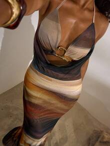 Opulessa Vestido de cola de pez con cuello de halter y espalda descubierta de malla tejida para mujeres