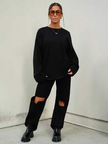 SAYEHFBABY Loose Long Sleeve Top Casual Summer Spring Vacation Casual Cute Everyday Oversized Tee Airport Holiday Fall Back To School Autumn Winter Spring Vacation - Black - View 4