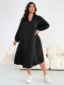 SHEIN Essnce 大码女装秋冬时尚休闲宽松舒适日常 V 领纹理面料长袖黑色中长款连衣裙带口袋，秋季服装，曲线连衣裙，工作服，简约风格 - 黑色 - 查看 5