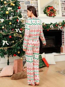 Christmas Theme Print Cardigan Collar Pajama Set Christmas Pajamas Women Lounge Sets For Women Sleepwear Women Pj Sets Christmas Pj Pajama Sets For Women Winter, Fall Clothes