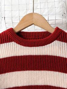 SHEIN 2 件套青少年女孩冬季针织服装，时尚休闲黑白条纹毛衣和针织裤套装 - 酒紅色 - 查看 3