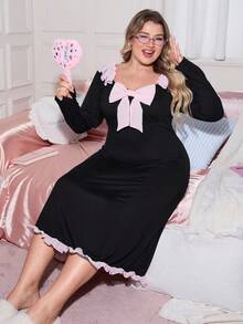 SweetSlumber 优雅网纱蝴蝶结荷叶边拼接露背系带长袖加大码睡裙睡衣连衣裙，冬季 - 黑色 - 查看 6