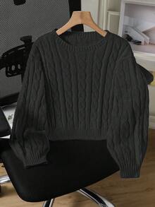 SHEIN Tween Girls Sweaters 1 Piece Tween Girls' Cable Knit Cropped Sweater - Round Neck Puff Sleeve Pullover, Minimalist Twisted Rope Design Lightweight Top For School & Casual Wear, Spring/Fall Cute Outfit