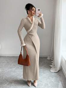 Elenzga 女士优雅时尚通勤休闲舒适迷人复古温柔浪漫长袖拼接毛绒袖口和领口装饰腰部修身纯色连衣裙 - 杏色 - 查看 3