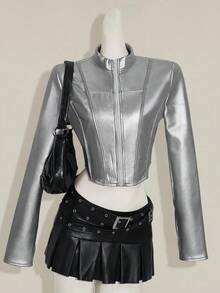 SHEIN ICON 女式银色休闲短款拉链修身 PU 皮夹克，秋季 - 銀色 - 查看 5