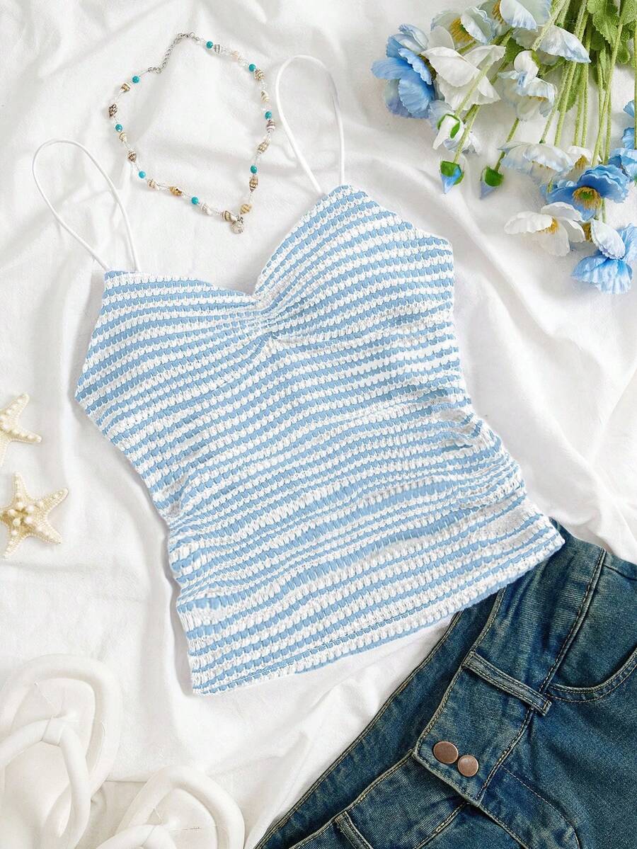 SHEIN Unity Women's Casual Vacation Everyday Versatile Ruched Stripe Camisole Top, Spring/Summer - Baby Blue - View 1