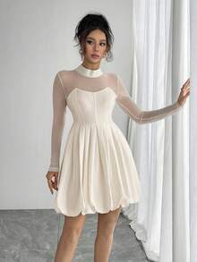 DAZY Women's Sheer Patchwork White Long Sleeve Short Dress - White - View 5