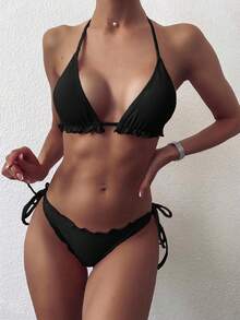 SHEIN Swim Summer Beach Frill Trim Triangle Tie Side Bikini Set - Black - View 1