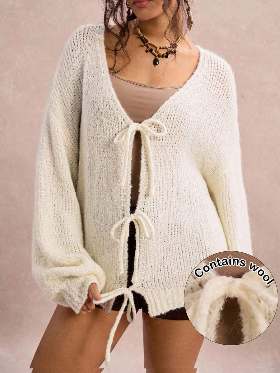Freevana Plus Size Casual Solid Color Lace-Up Cardigan Cardigan Sweaters For Women Women's Winter Sweater Contains Wool