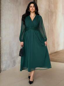 Roveilla 大码女式优雅复古中东风格雪纺连衣裙，褶皱面料，褶皱，腰部扭纹，A 字廓形，灯笼袖，长袖，适合下午茶、派对、春秋冬 - 墨綠色 - 查看 3