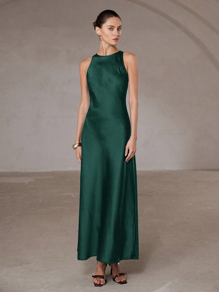 Aveloria Modichic 简约优雅不对称下摆双面缎醋酸纤维面料A字型无袖连衣裙 - 綠色 - 查看 3