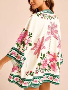 CAJUNI 女士花卉印花宽松休闲和服罩衫，3/4 袖，适合度假