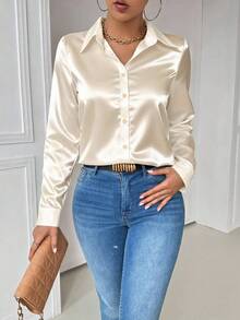 INAWLY Casual Collared Pocket Fitted White Long Sleeve Women Blouse Women Shirt