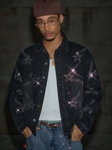 AXEPEAK Men's Washed Rhinestone Embellished Jacket, Brand High-End Lapel Stylish Short Outerwear - Black - View 3