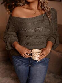 SHEIN LUNE Áo len dệt kim dáng rộng tay dài lệch vai màu trơn cỡ lớn cho nữ, mùa thu - Cà phê nâu - Xem 4