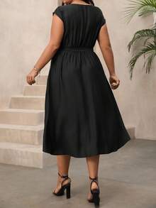 EMERY ROSE 大码女装春夏单面竹纤维针织优雅亚麻度假沙滩连衣裙，欧美风休闲派对圆领荷叶边肩部设计，腰部系带蝴蝶结，弹力宽松长款连衣裙，黑色鸡尾酒会连衣裙，黑色蝴蝶结细节连衣裙，黑色优雅连衣裙，黑色中长连衣裙，黑色教堂礼服 - 黑色 - 查看 2