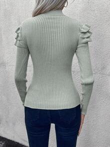 SHEIN LUNE Women's Solid Color Stand Collar Patchwork Ruffle Shoulder Button Design Fitted Pullover Sweater, Autumn - Light Grey - View 2