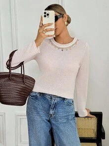 SHEIN Frenchy Áo thun nữ cổ tròn tay dài họa tiết vỏ sò vá - Màu be - Xem 1