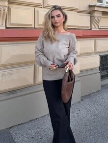 Jeta Ari 针织罗纹露肩长袖卷边下摆毛衣机场度假秋季冬季日常 - 卡其色 - 查看 6