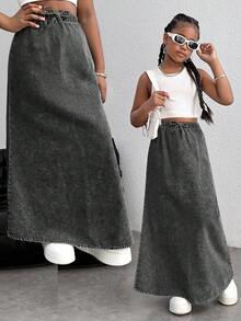 Tween Girls Y2k Casual Soft Boho Drawstring Waist Loose Fit Denim Long Skirt ,For Tween Girl Clothes Girls Spring/Summer Clothes ,Beach Outfits For Girls,Streetwear Girls