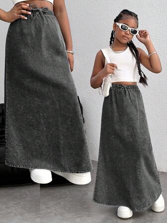 Tween Girls Y2k Casual Soft Boho Drawstring Waist Loose Fit Denim Long Skirt ,For Tween Girl Clothes Girls Spring/Summer Clothes ,Beach Outfits For Girls,Streetwear Girls