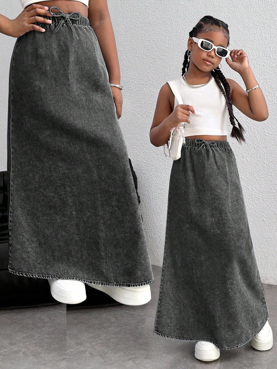Tween Girls Y2k Casual Soft Boho Drawstring Waist Loose Fit Denim Long Skirt ,For Tween Girl Clothes Girls Spring/Summer Clothes ,Beach Outfits For Girls,Streetwear Girls