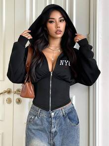 SHEIN EZwear 女士纽约市字母印花休闲卫衣，适合秋冬季节，街头风，机场时尚 - 黑色 - 查看 6