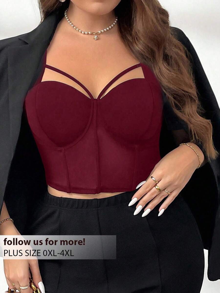 Firerie 大码优雅通勤职场精致高端下午茶微性感约会音乐会派对INS黑色纯色网眼系带镂空设计吊带背心，适合节日新年派对优雅办公室仙女 - 酒紅色 - 查看 1