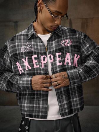  AXEPEAK Lässiges Straßen Hip Hop Englisch Muster Locker Kurz Langarm Hemd für Herren, Herbst