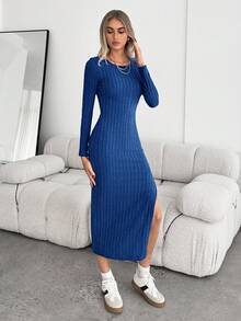 Siren Gaze Ladies' Tank Ribbed Slit Hem Dress Winter Casual Blue Spring - Royal Blue - View 4