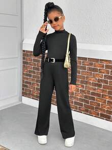 青少年女孩休闲百搭百搭日常穿着高领修身长袖收腰连体裤，秋冬季保暖 - 黑色 - 查看 5