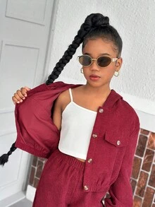 SHEIN Sparklyn 2pcs Girls Casual Long Sleeve Hooded Top And Pants Set, Spring/Autumn - Burgundy - View 6