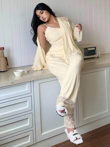 Dazy Plus 3pcs Plus Size Women Elegant Contrast Lace Camisole Top, Robe And Pants Sleepwear Set Fall Winter Clothes - Apricot - View 1