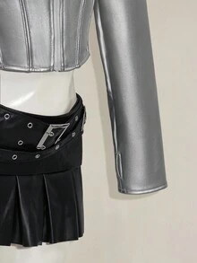 SHEIN ICON 女式银色休闲短款拉链修身 PU 皮夹克，秋季 - 銀色 - 查看 10