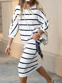 Solivie Women's Striped Round Neck 3/4 Sleeve T-Shirt And Mini Skirt Casual 2 Pieces Set In Fall/Winter