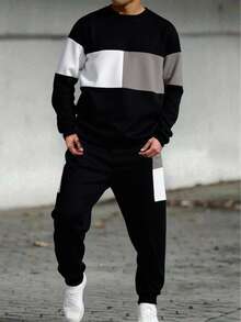 Tween Boys' Black And White Color Block Sweatshirt And Pants Set,Collegiate Autumn Streetwear School Back-To-School,Comfortable Soft Fabric Outfit - Light Grey - View 1