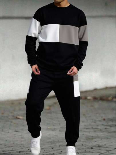 Tween Boys' Color Block Sweatshirt And Pants Set, Casual Collegiate Style, Comfortable And Fashionable, Versatile And Practical, Soft Fabric, Suitable For Daily Wear, School, Outings, Outdoor Activities, All Seasons