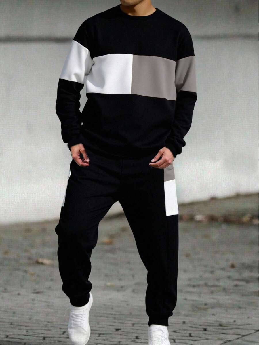 Tween Boys' Black And White Color Block Sweatshirt And Pants Set,Collegiate Autumn Streetwear School Back-To-School,Comfortable Soft Fabric Outfit - Light Grey - View 1