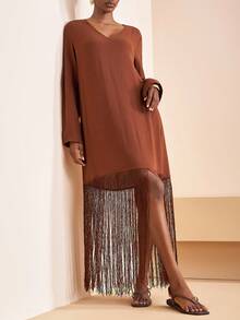 Zivah 2025夏早秋新款洋气游牧风生日派对毕业季学院风日常出游基础百搭休闲度假邮轮旅行沙滩海边日光浴流行街头风休闲优雅通勤派对深V领长袖长流苏下摆装饰连衣裙-A - 棕色 - 查看 7