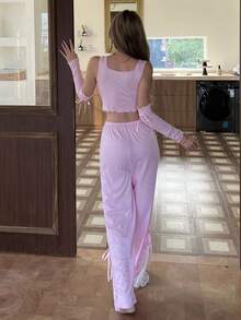 ZzzCrew Seksowny komplet piżamowy dla kobiet z falbaniastymi rękawami i kokardką, różowy - Różowy - Zobacz 3