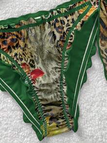 Soleia 复古彩色豹纹、斑马纹、花卉印花荷叶边挂脖系带流苏装饰沙滩比基尼套装，女士豹纹比基尼，波西米亚风比基尼，荷叶边比基尼 - 彩色 - 查看 3