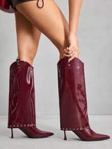 CUCCOO SZL Women's Shark Boots, Pointed Toe, Rivet Decor, Stiletto High Heel, Comfortable & Versatile - Burgundy - View 4
