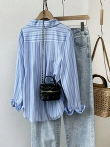 SHEIN Unity 女式休闲简约蓝色条纹刺绣马标志长袖衬衫，秋季 - 藍色 - 查看 2