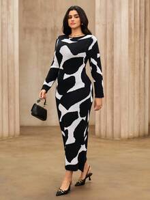 Roveilla Robe moulante en tricot à manches longues élégante pour femmes grandes tailles, convient pour le travail - Noir - Voir 3