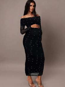 MaterniChic Váy suông dáng ôm hở vai đính ngọc trai màu trắng thanh lịch dành cho nữ, lãng mạn cho tiệc tùng, hẹn hò hoặc ngày lễ tình nhân, váy mùa hè cho nữ, váy bầu - màu đen - Xem 6